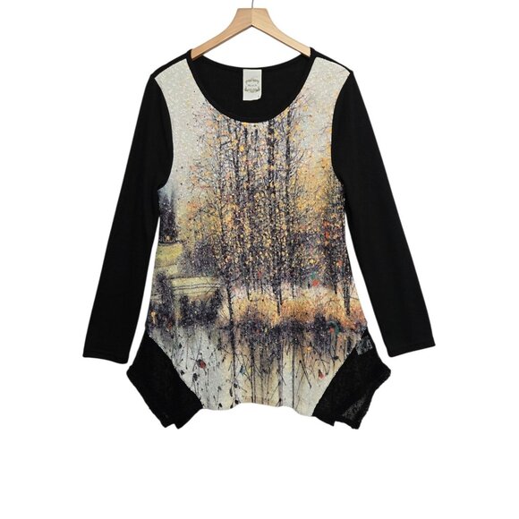 Flew De Lis Womens Large Black Knit  Forest Print Tunic Top Stretch Artsy Boho - Picture 2 of 8